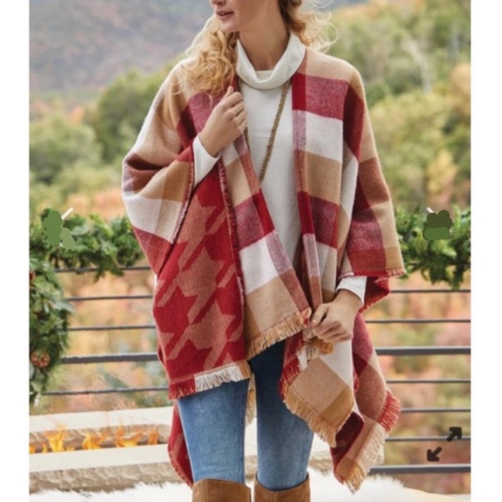 Soft Surrounding Red Tan Buffalo Check Plaid Wrap Sweater Shawl Coat Jacket
